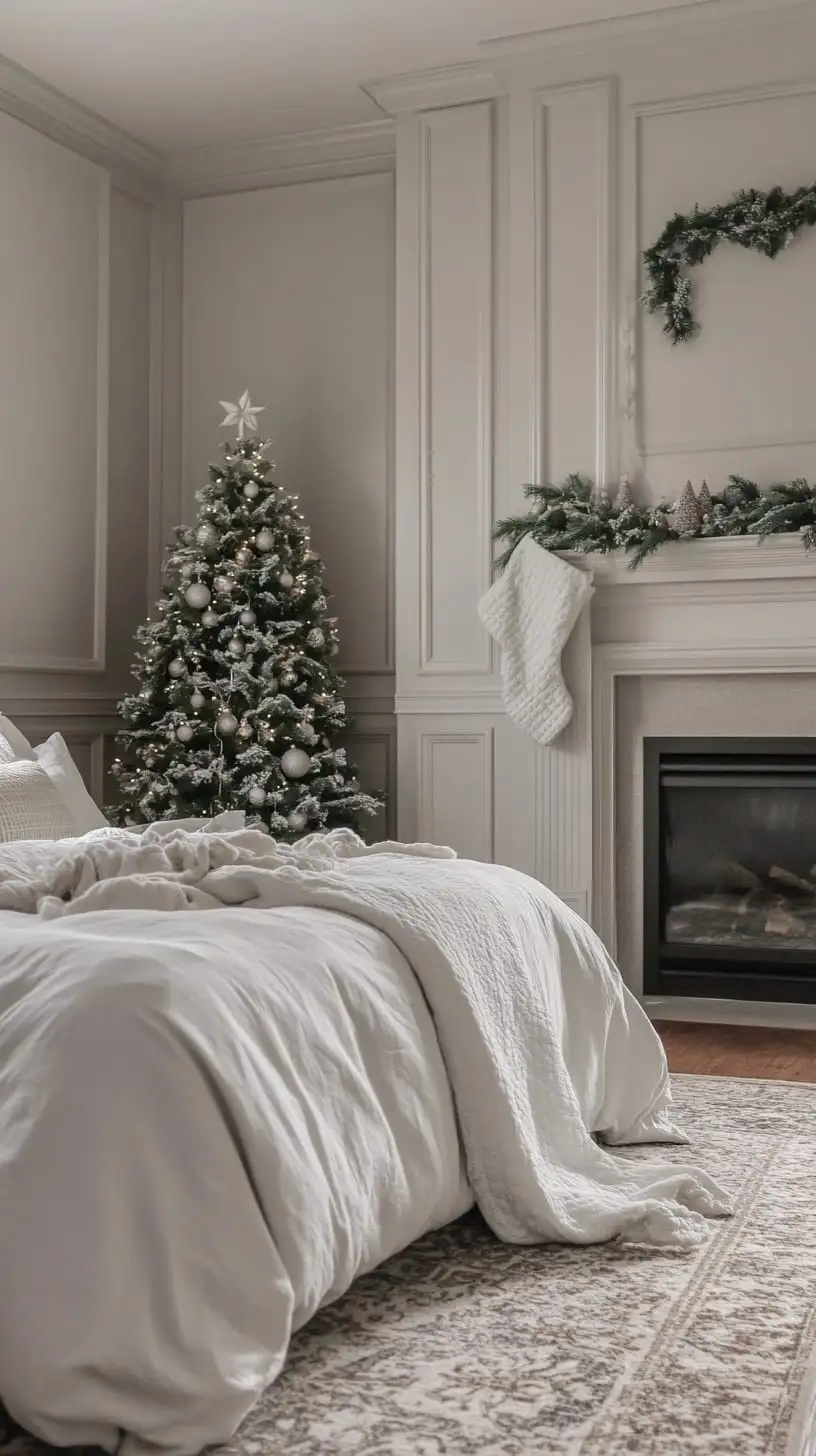 A cozy modern farmhouse bedroom featuring a fireplace, white paneling, and a decorated Christmas tree, with a fluffy comforter and cushions on the bed.