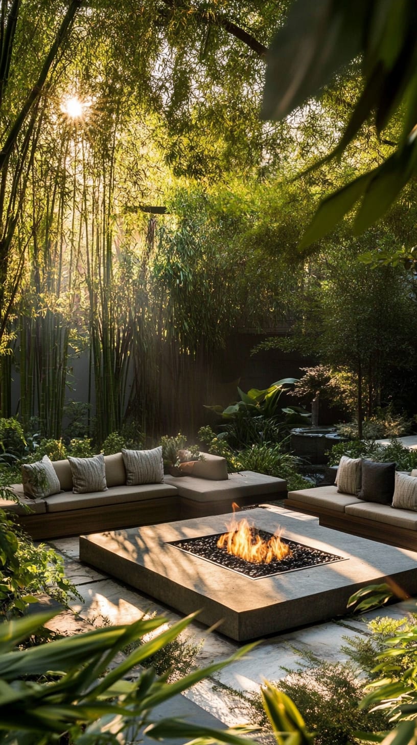 A serene outdoor living space featuring bamboo and greenery, with comfortable seating arranged around an oversized fire pit, bathed in soft sunlight.