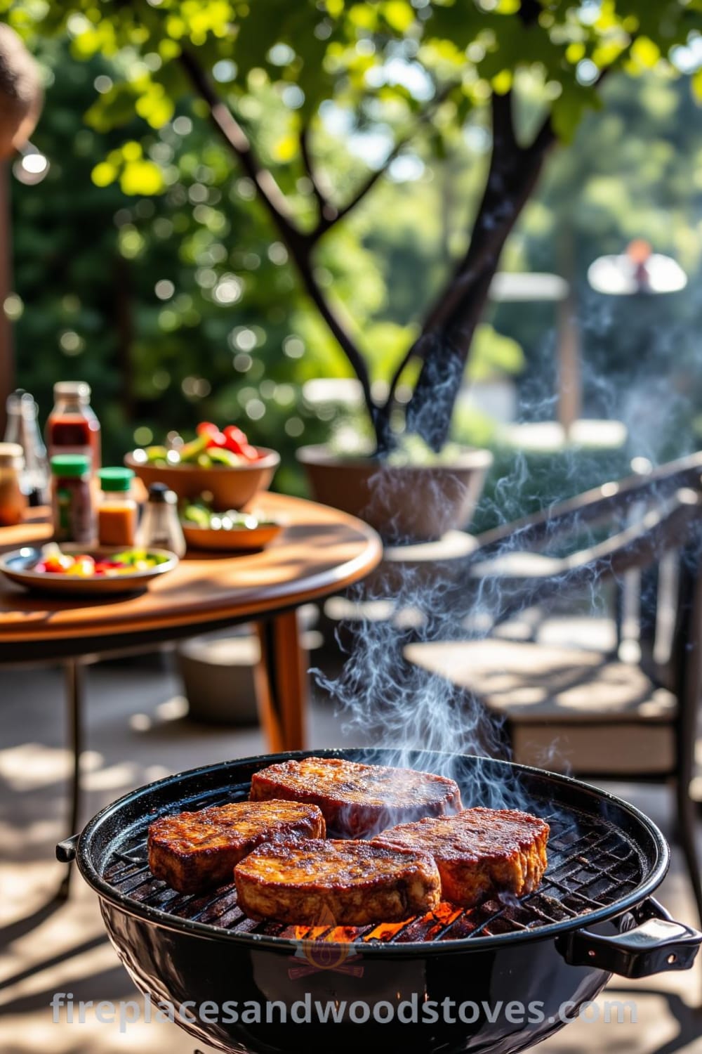 A cozy barbecue on a sun-drenched patio with flickering flames, a tarnished charcoal grate, and a wooden table adorned with condiments and fresh vegetables, inspiring ideas for your home at fireplacesandwoodstoves.com.