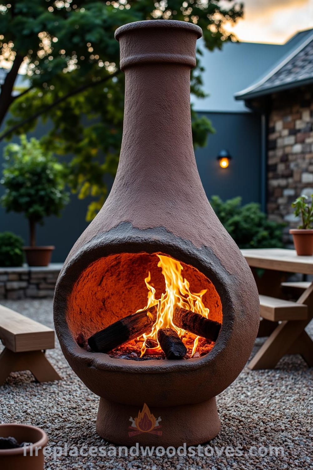 Rustic chiminea-style outdoor fireplace in a gravel courtyard, showcasing flickering flames, aged clay texture, surrounded by uneven wooden benches and potted plants, creating a cozy ambiance for outdoor gatherings under the stars. Visit fireplacesandwoodstoves.com for inspiring decor ideas.