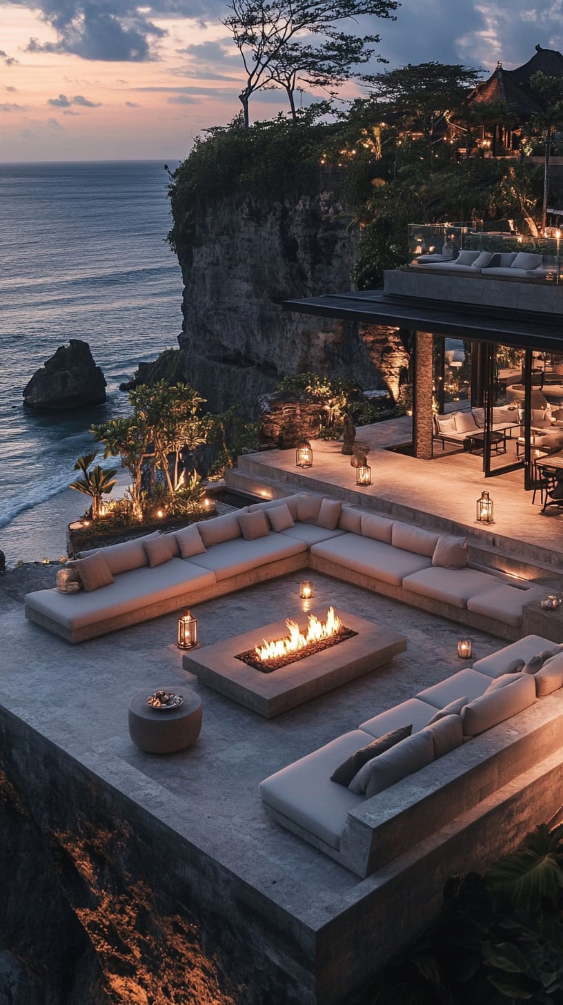 An outdoor lounge with beige sofas and a fire pit, overlooking the ocean in Bali during sunset, surrounded by lush greenery and soft lantern lighting.