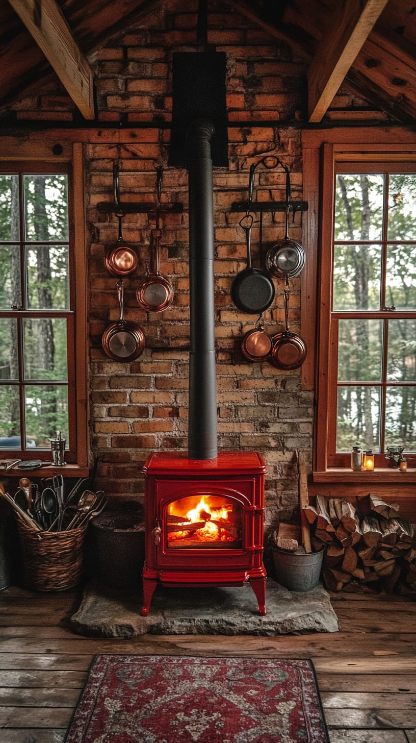 A rustic cabin interior featuring a red wood stove with vintage pots and pans hanging above, large windows showcasing a forest view, and a warm, inviting atmosphere.