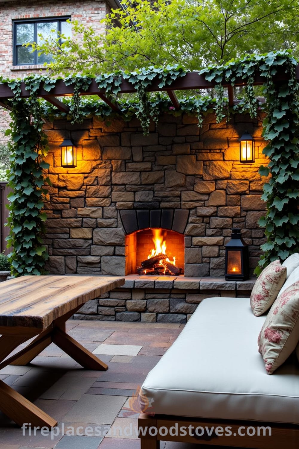 Cozy sunken patio with an aged stone fireplace, wooden trellis, and climbing vines; featuring a rough-hewn table and soft cushions, perfect for warm gatherings with a welcoming atmosphere. Discover cozy ideas at fireplacesandwoodstoves.com.