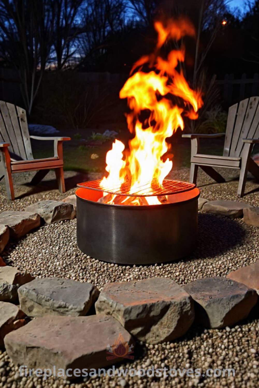 Metal wood-burning fire pit surrounded by rustic stone seating in a gravel backyard, illuminated by flickering flames and creating a cozy atmosphere for gatherings. Visit patioandhomefurniture.com for incredible ideas transforming your backyard.