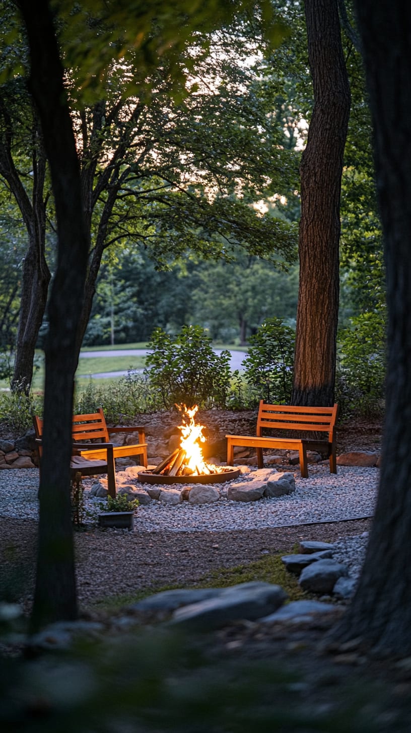 A cozy fire pit surrounded by comfortable wooden benches in a lush green setting, creating a warm atmosphere for gatherings at dusk.