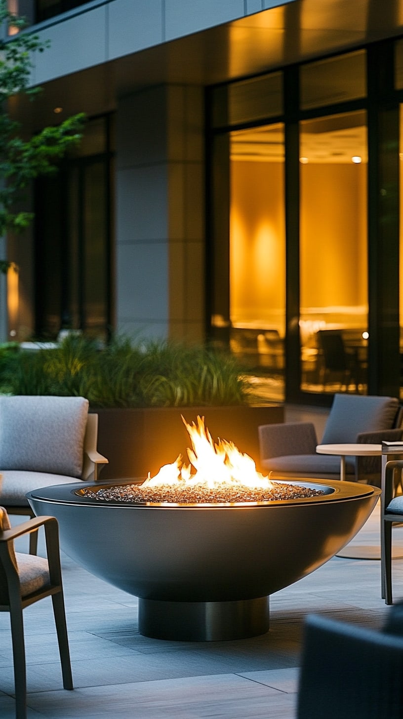 A sleek, stainless steel fire bowl illuminated by flickering flames, surrounded by comfortable seating in an elegant outdoor lounge area.