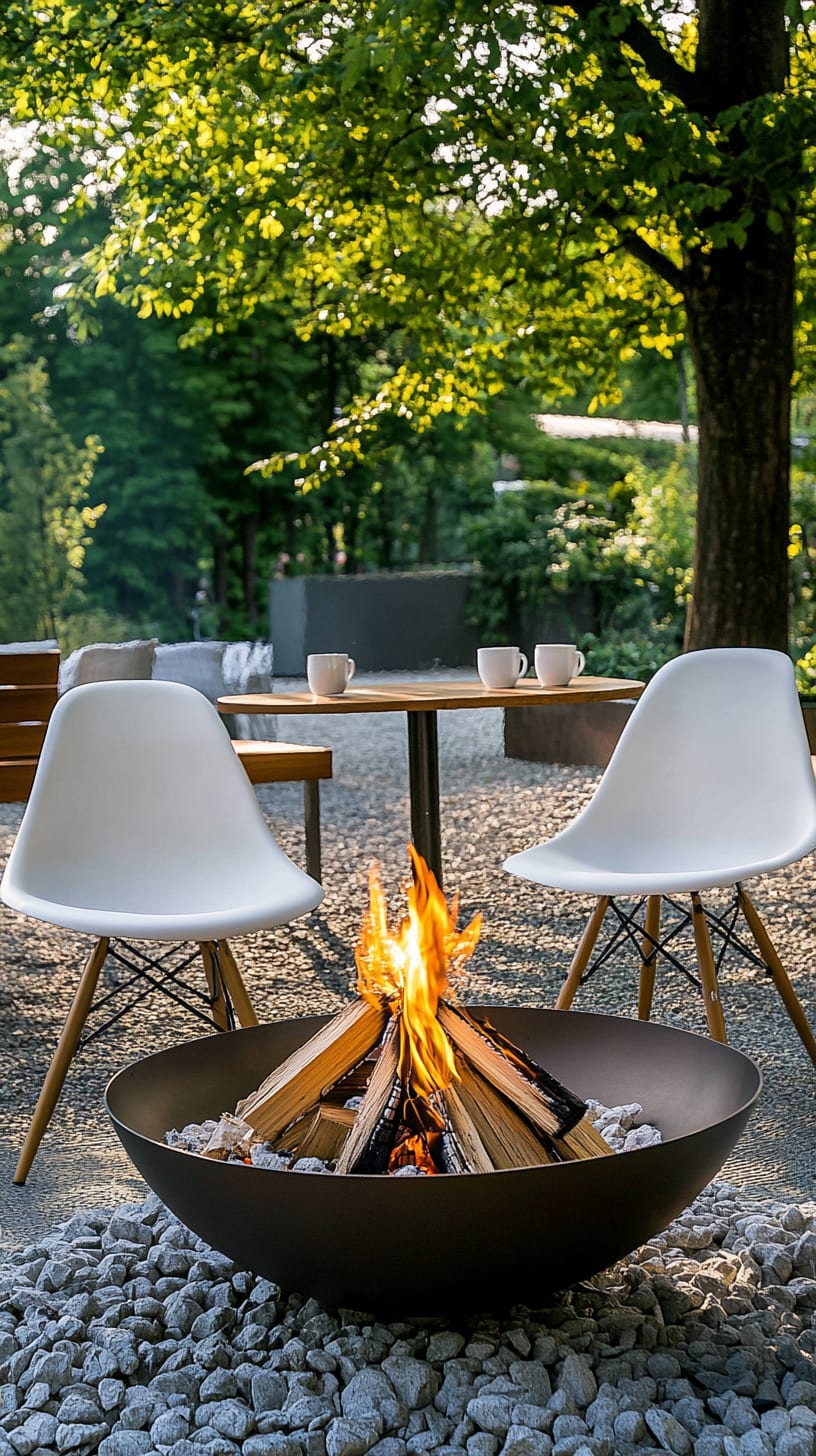 An outdoor fire bowl surrounded by white Eames chairs and round tables in a modern garden setting, with trees in the background.