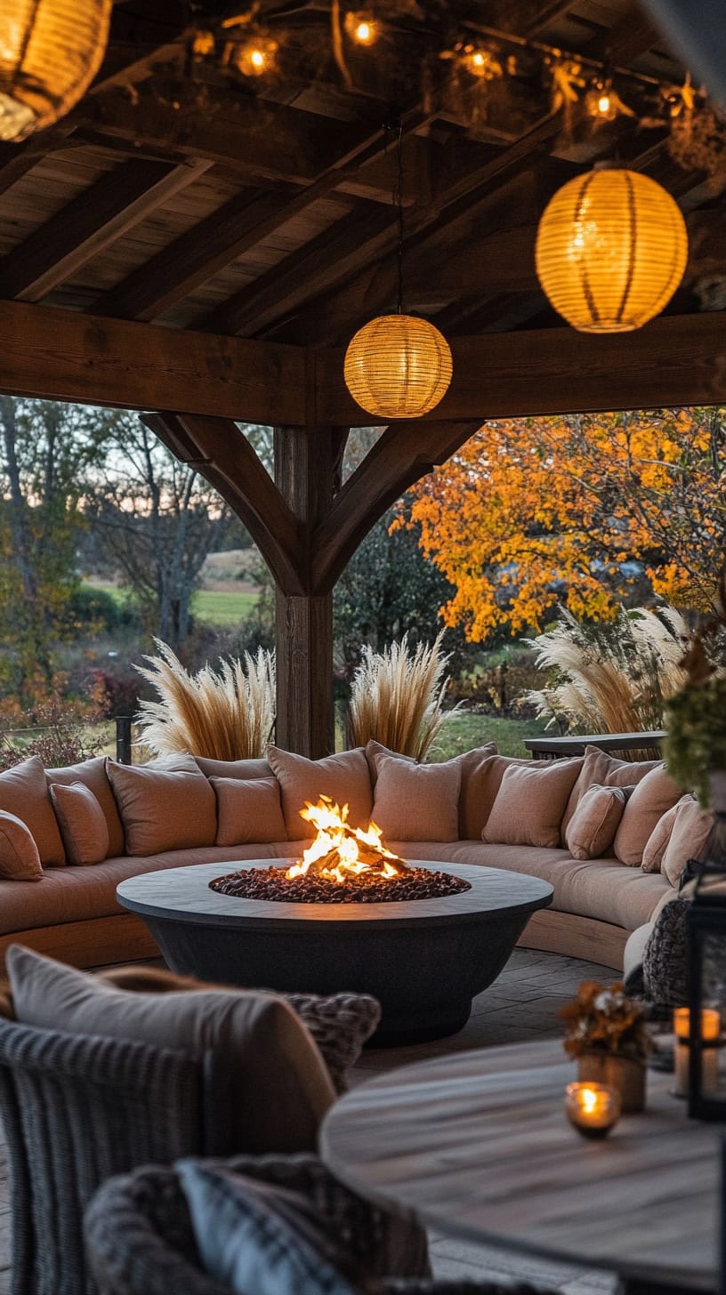 A cozy outdoor seating area featuring plush cushions around a fire pit, surrounded by lanterns and pampas grass, set under a wooden pavilion in autumnal colors.