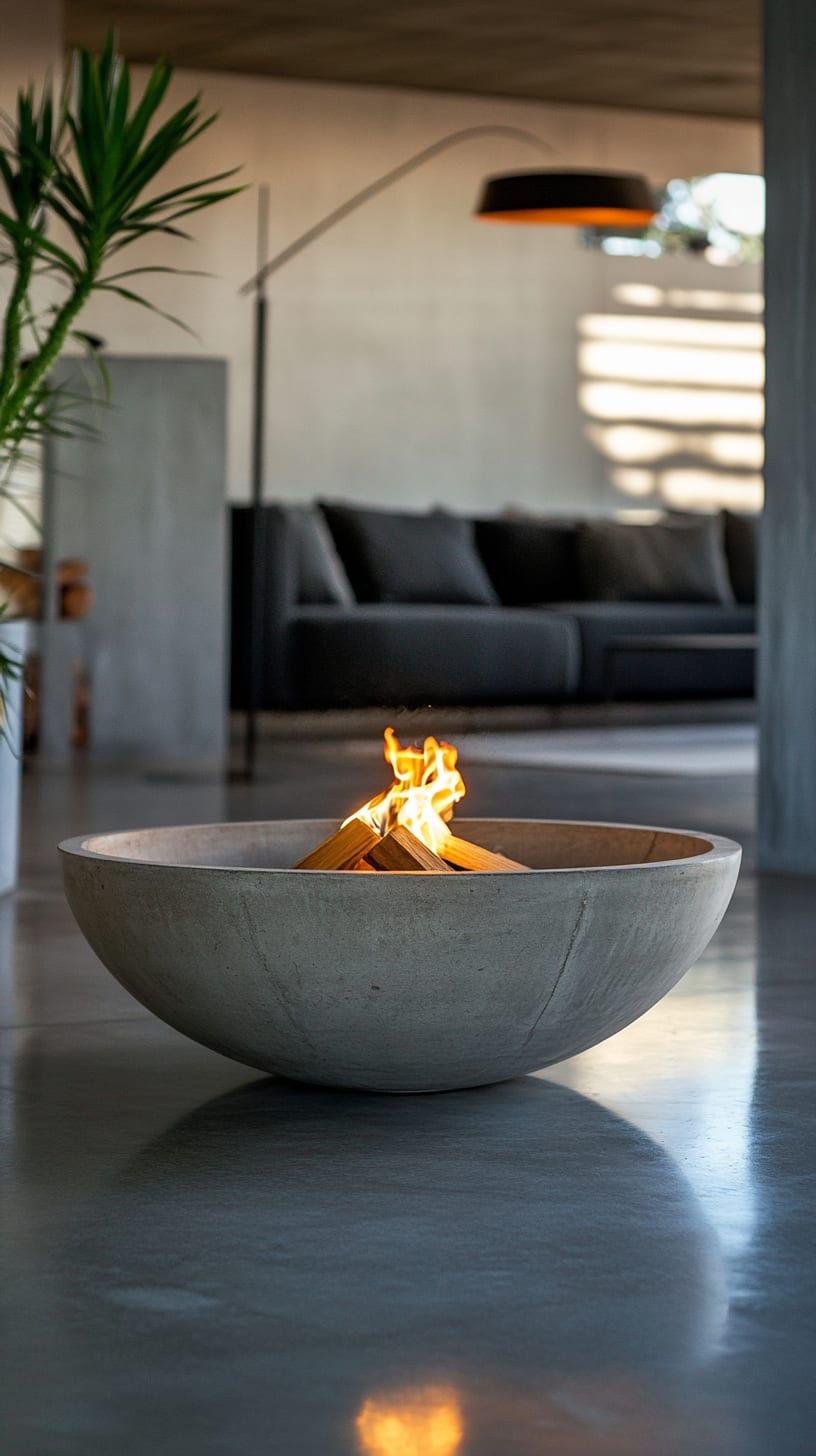 A modern concrete fire bowl with flames, centrally located in a stylish living room featuring minimalist decor and natural light.