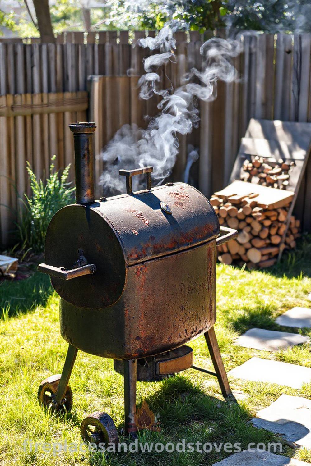Weathered barbecue smoker in a sun-drenched backyard, surrounded by a rustic wooden fence and seasoned wood, creating a cozy and inviting atmosphere perfect for gatherings. Visit patioandhomefurniture.com for stylish outdoor design ideas that will wow your guests.