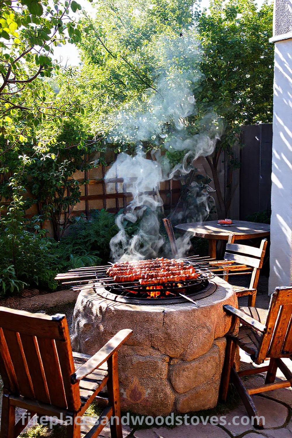 Turkish mangal barbecue in a shaded garden with charred skewers sizzling over glowing coals, surrounded by mismatched wooden chairs and a simple table for a cozy outdoor dining experience. Visit patioandhomefurniture.com for stylish ideas transforming your backyard for incredible gatherings.