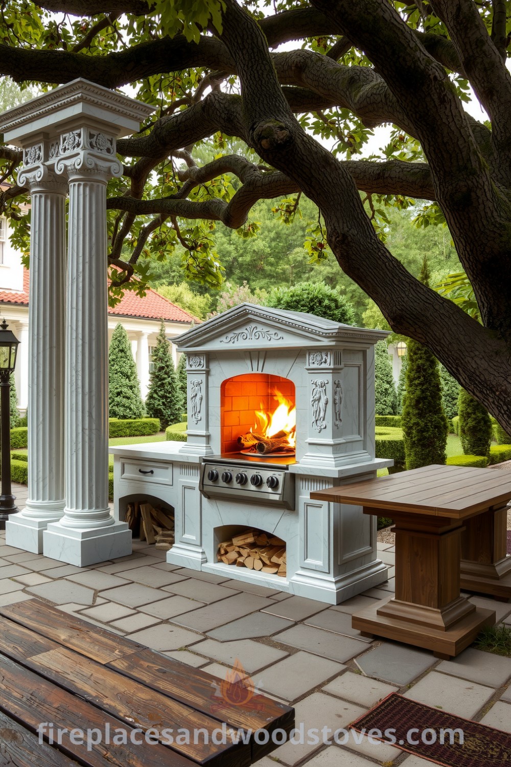 Neoclassical marble outdoor barbecue in a picturesque garden featuring grand columns with intricate carvings, warm flickering fire, a rustic wooden table set for a feast, and an uneven stone patio with patches of moss, creating an inspiring and cozy atmosphere for outdoor dining at fireplacesandwoodstoves.com.