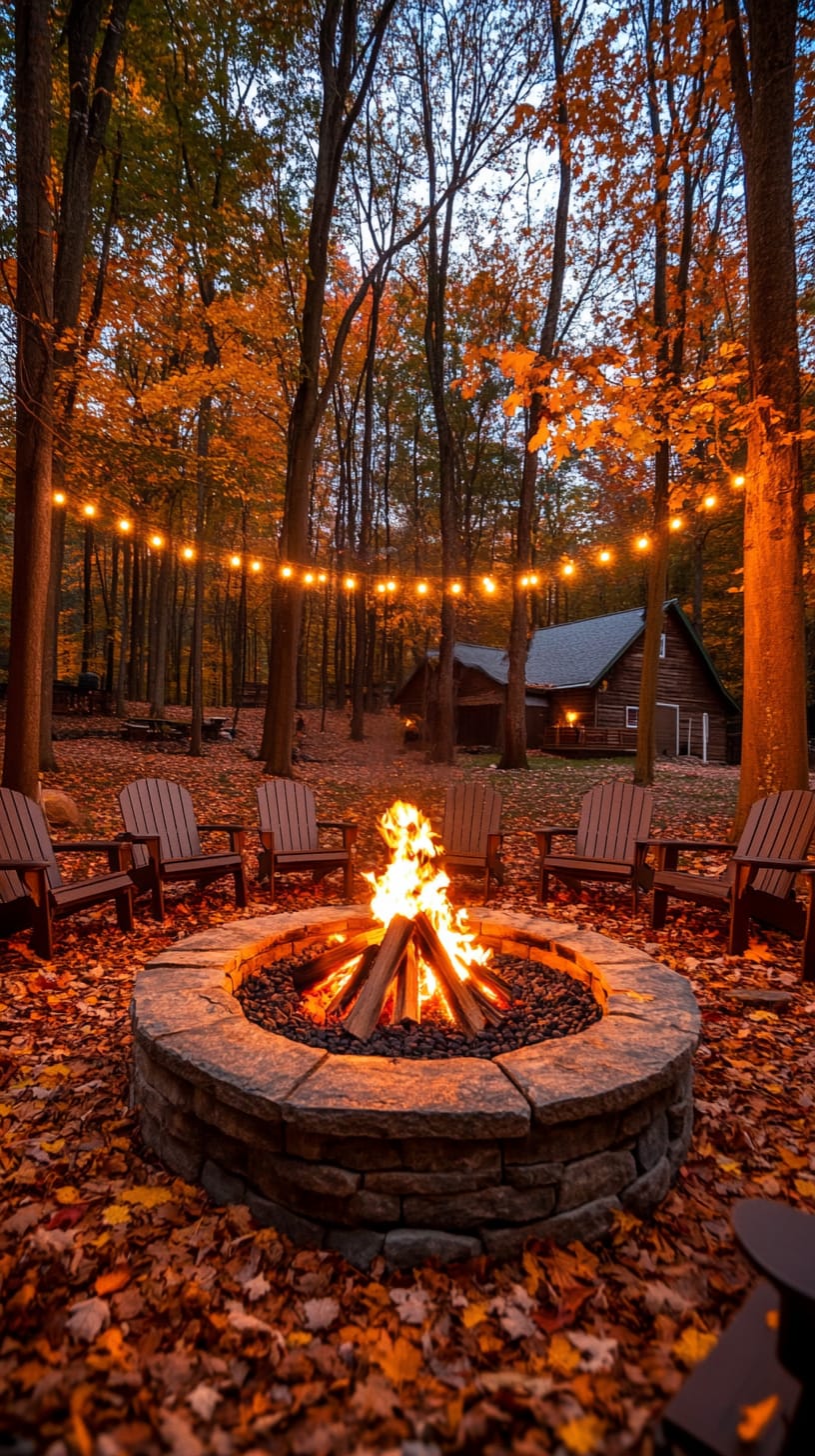 A cozy fire pit surrounded by wooden chairs in an autumn forest, illuminated by string lights, with a rustic cabin in the background.