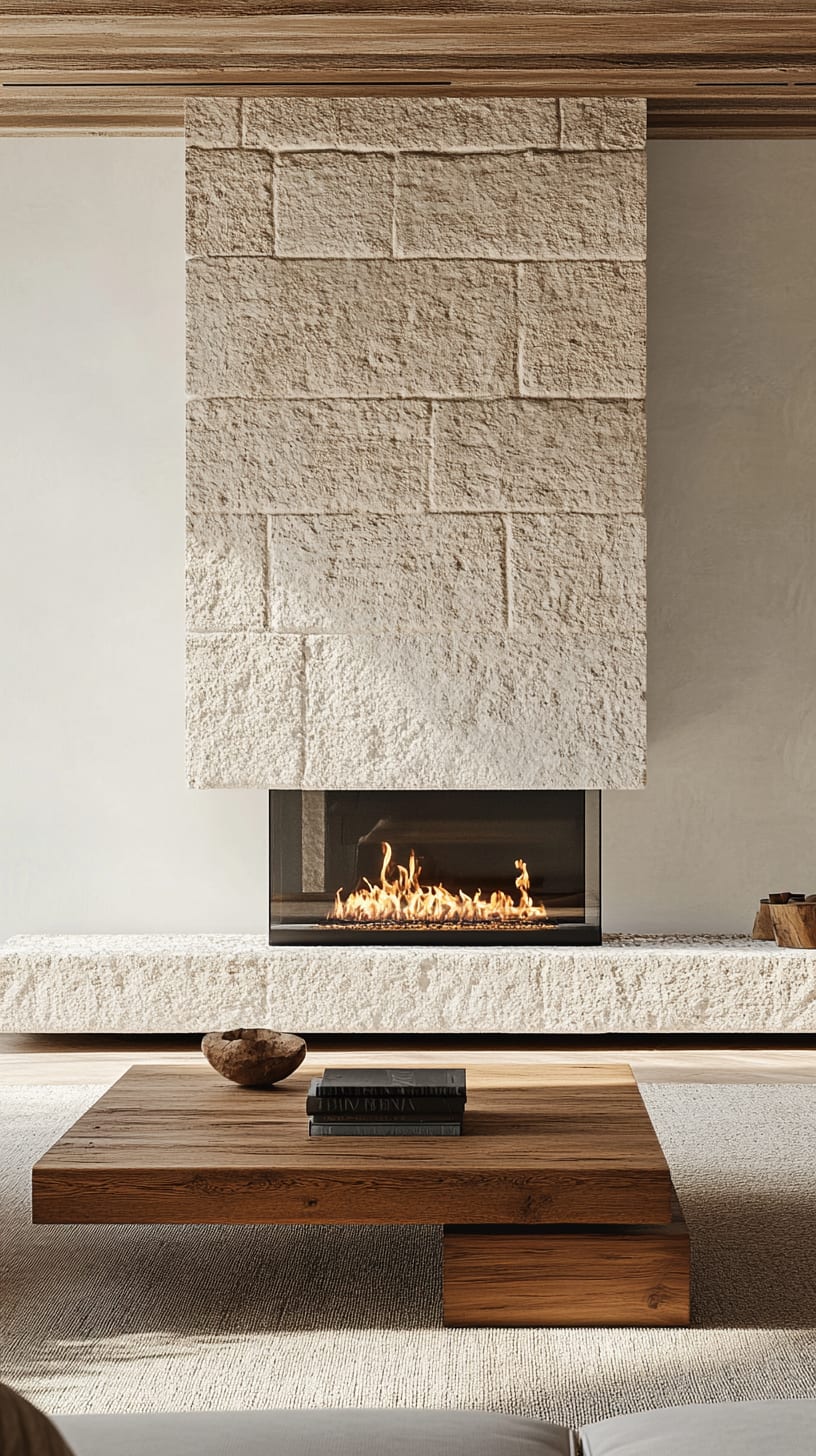 A minimalist living room featuring a textured stone fireplace wall and a wooden coffee table, exuding a serene and inviting atmosphere.