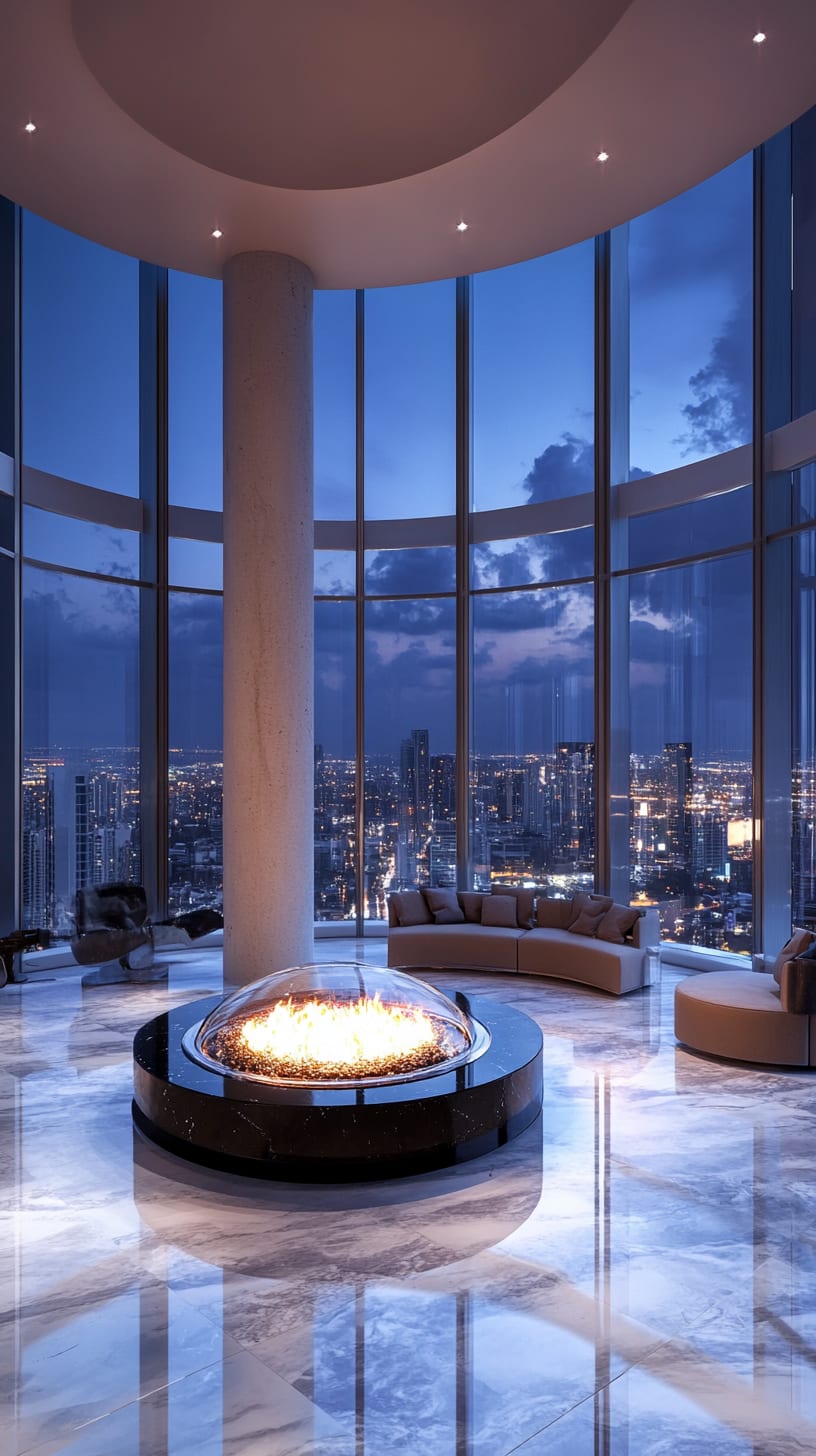 A luxurious penthouse living room with modern furniture, a circular fireplace, and floor-to-ceiling windows showcasing a cityscape at night.