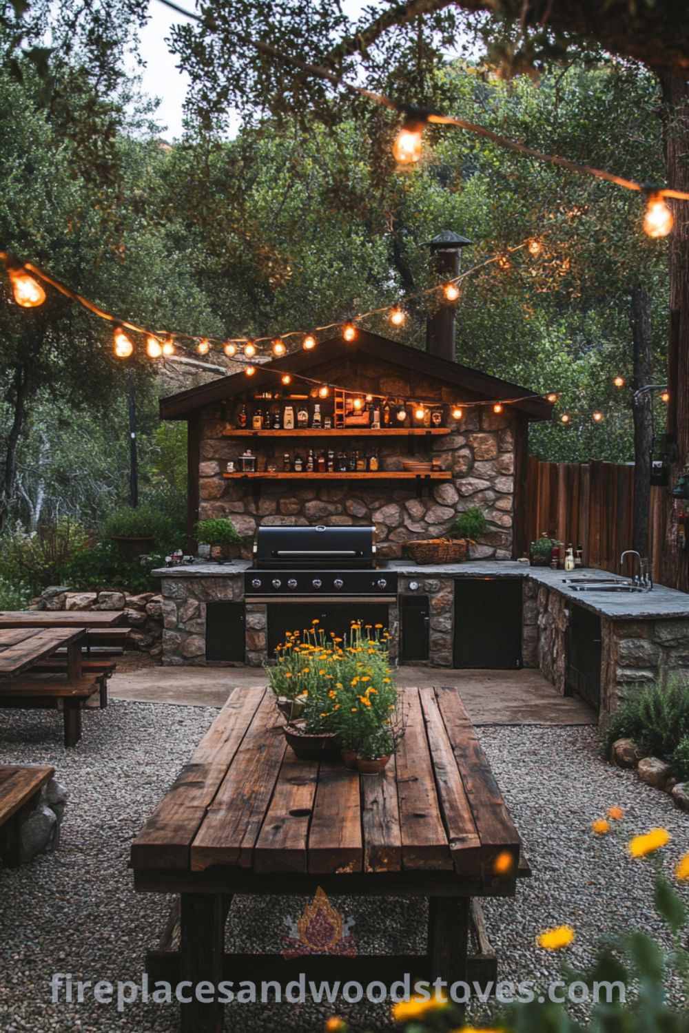 Backyard kitchen with fireplace on fireplacesandwoodstoves.com, showcasing a cozy outdoor cooking area, BBQ station, and rustic decor ideas for a charming patio design.