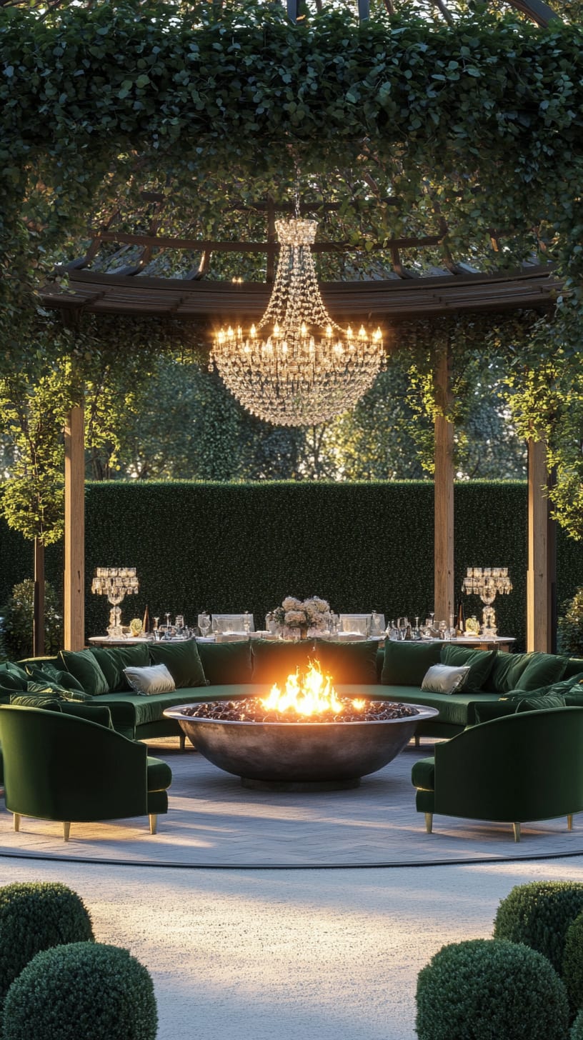 An elegant outdoor dining area with a round fire pit, surrounded by velvet seating and lush green hedges, illuminated by hanging crystal chandeliers.