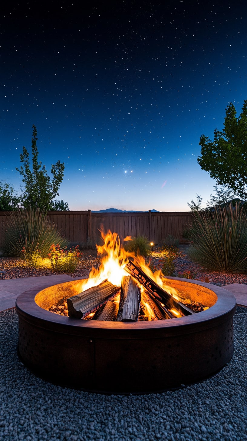 An elegant fire pit in a cozy backyard setting, surrounded by lush landscaping under a starry night sky in New Mexico, with flickering flames and a warm ambiance.