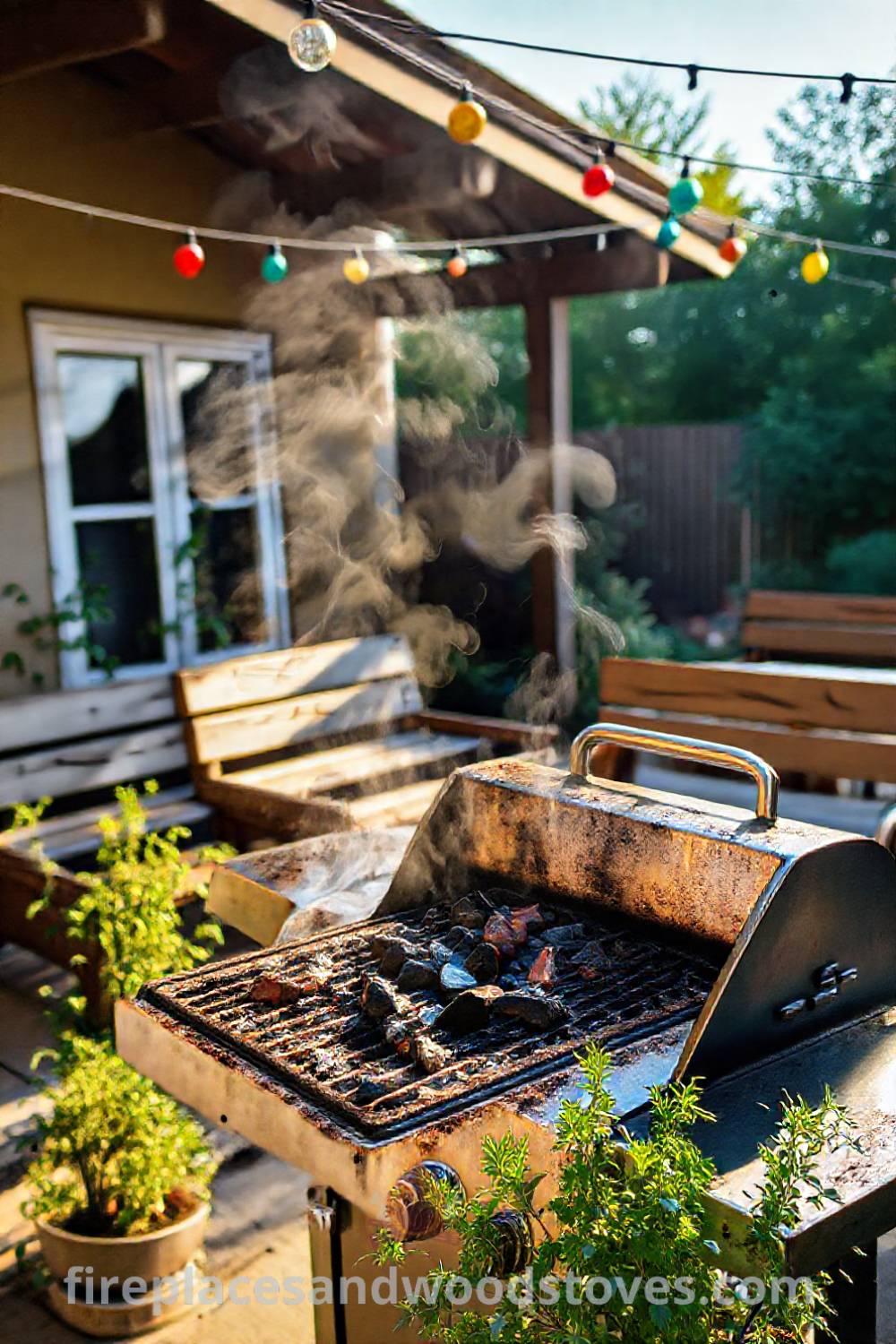Outdoor BBQ grill on a sunlit patio with wooden benches, colorful string lights, and a flourishing herb garden, creating a cozy ambiance perfect for gatherings. Visit patioandhomefurniture.com for incredible ideas transforming your backyard.