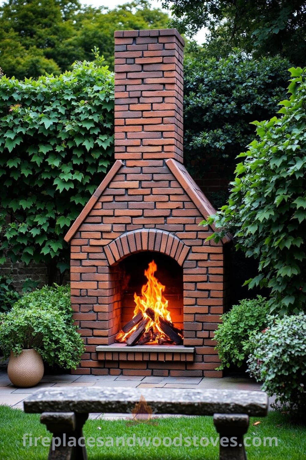 Tudor brick fireplace surrounded by lush greenery, warm flames flickering in the evening light, weathered stone bench nearby, creating a cozy atmosphere and inviting space for gatherings, ideal decor ideas for a cozy home, featured on fireplacesandwoodstoves.com.