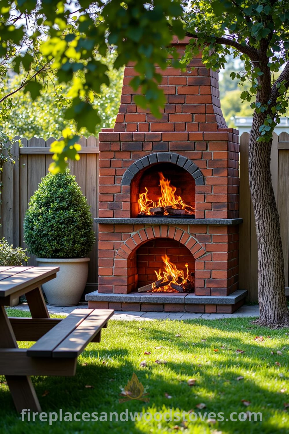 Traditional brick outdoor barbecue in a sunlit backyard with warm glowing flames, uneven red bricks showing traces of past gatherings, surrounded by wooden picnic tables and lush green grass, providing cozy design ideas for your home. Visit fireplacesandwoodstoves.com for more inspiring decor ideas.