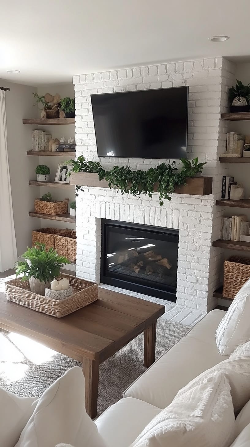 A cozy farmhouse-style living room with a white brick fireplace, wooden shelves, greenery, and comfortable couches.