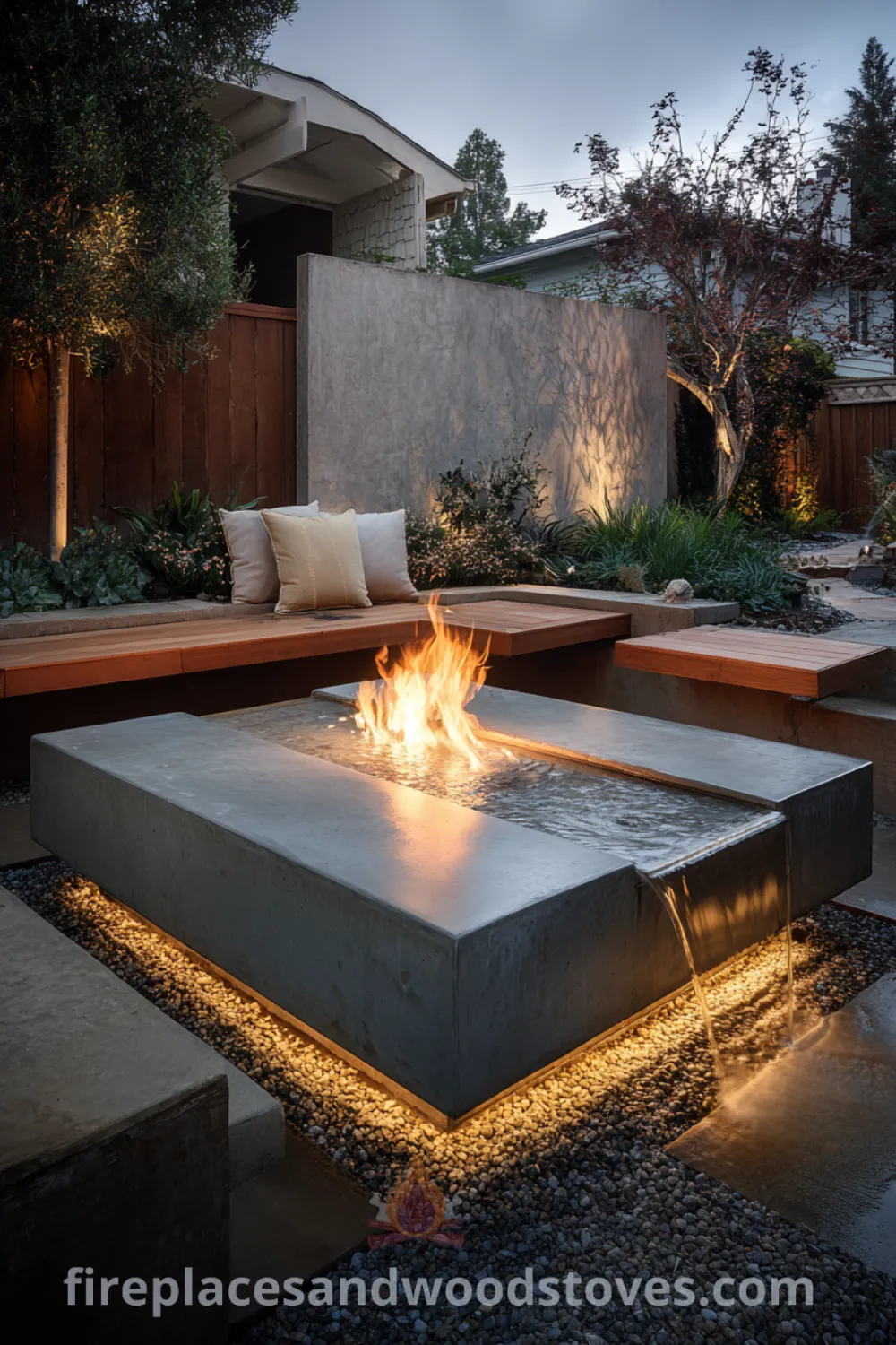 Modern fire pit with integrated water feature and low-profile seating in a chic outdoor space showcasing minimalist garden fire pit ideas.
