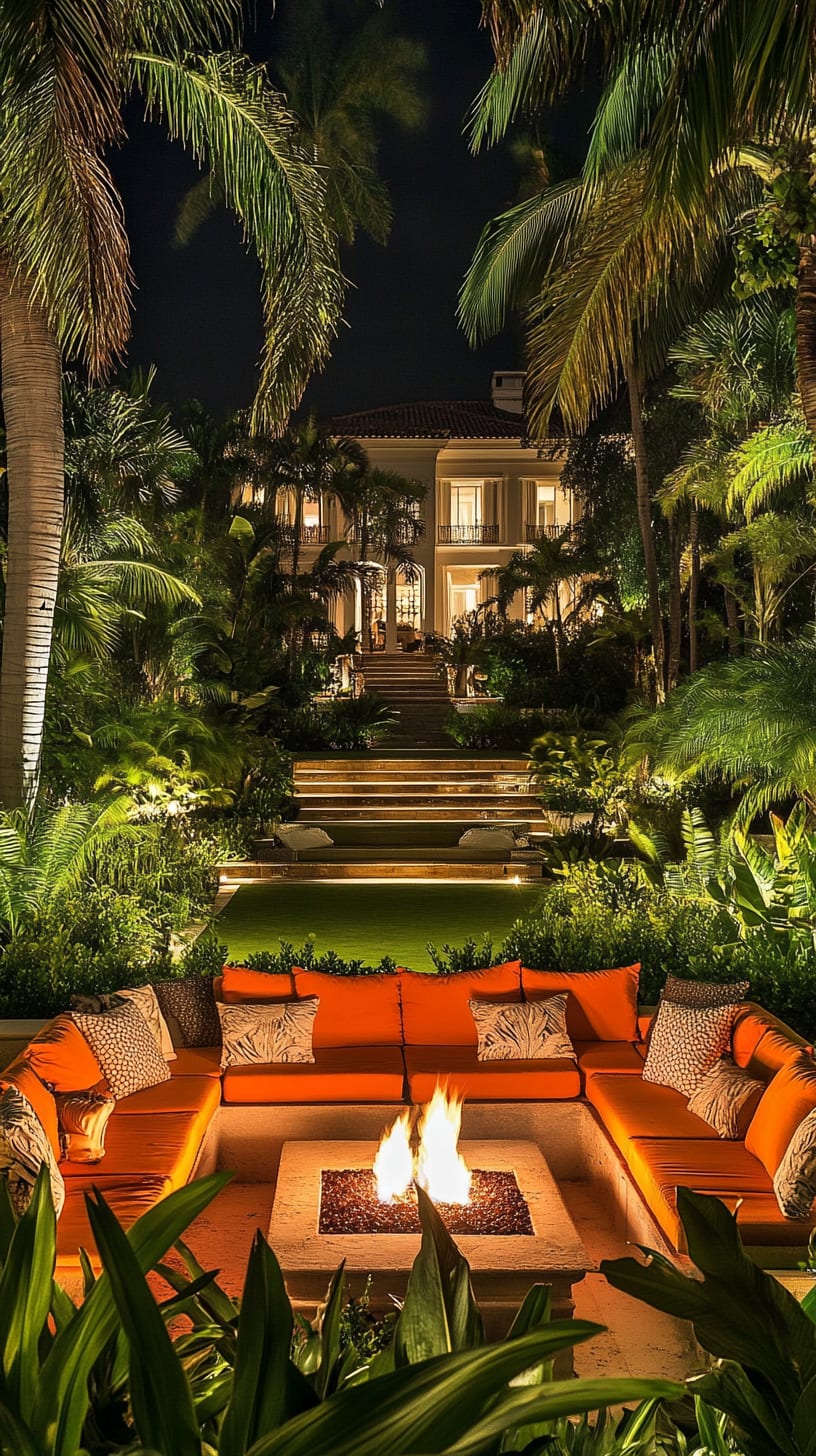 A luxurious outdoor fire pit with orange seating in a lush garden, next to a Miami mansion, illuminated at night with palm trees and tropical plants surrounding the scene.
