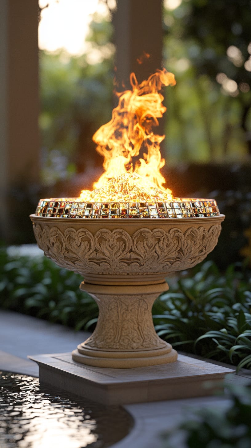 A luxurious fire bowl with intricate carvings and decorative glass tiles, set in an elegant garden at twilight, with flames dancing above the stone base.