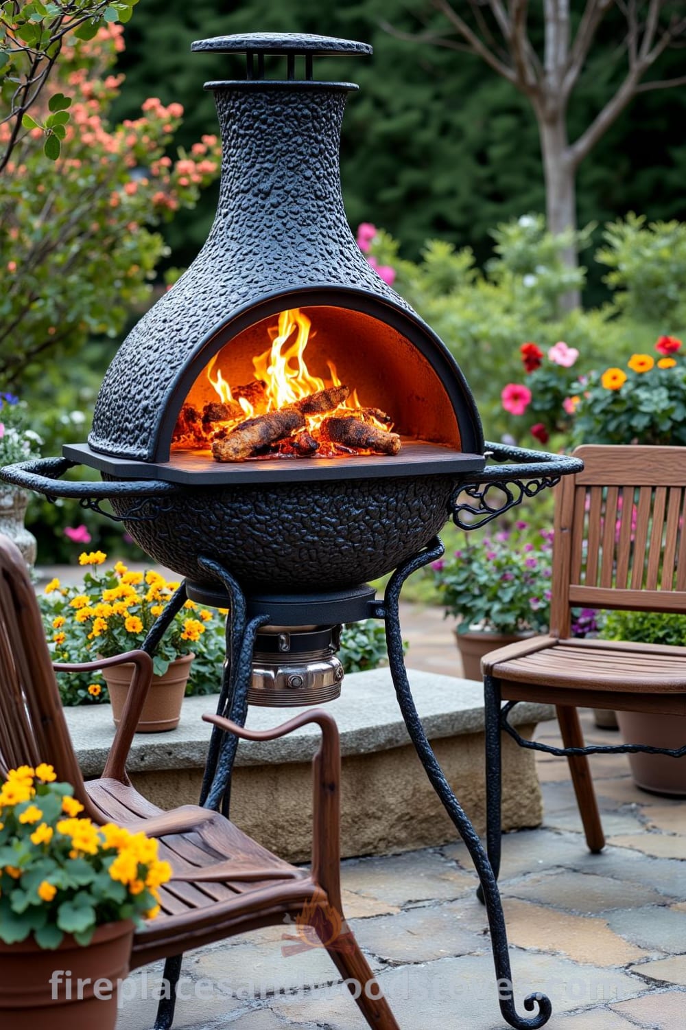 Victorian wrought iron outdoor barbecue on a flagstone patio surrounded by colorful flower beds, inviting a cozy atmosphere for gatherings with friends and family, featured on fireplacesandwoodstoves.com.