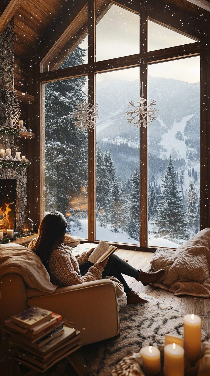 A girl reading in a cozy living room of an alpine chalet with large windows showing snow-covered mountains outside, featuring warm tones, candles, and a fireplace, while snow falls outside.