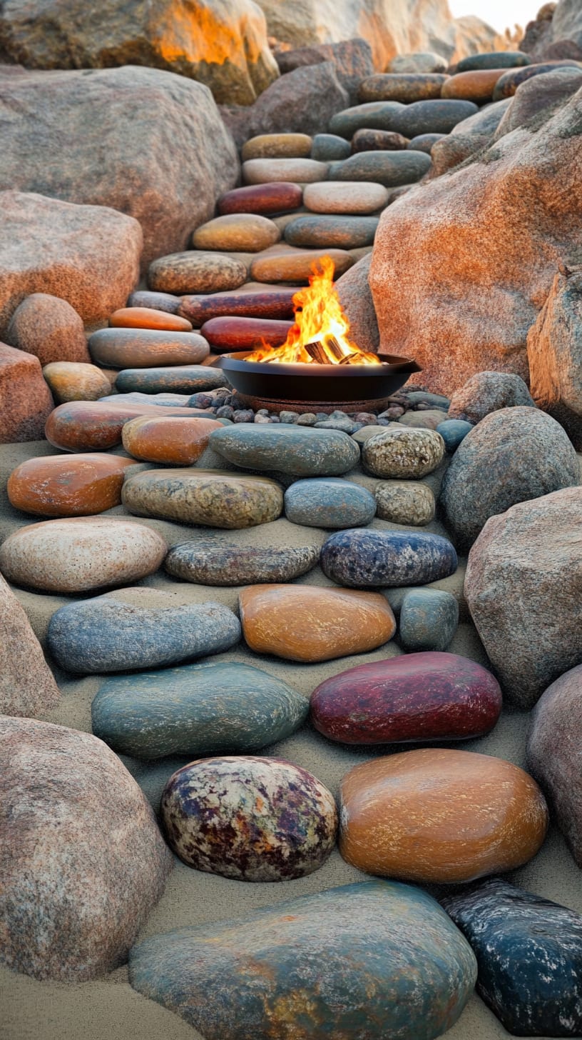 A beach fire pit constructed with smooth, colorful rocks, featuring a bowl for flames surrounded by seating, set against a backdrop of sand and waves.
