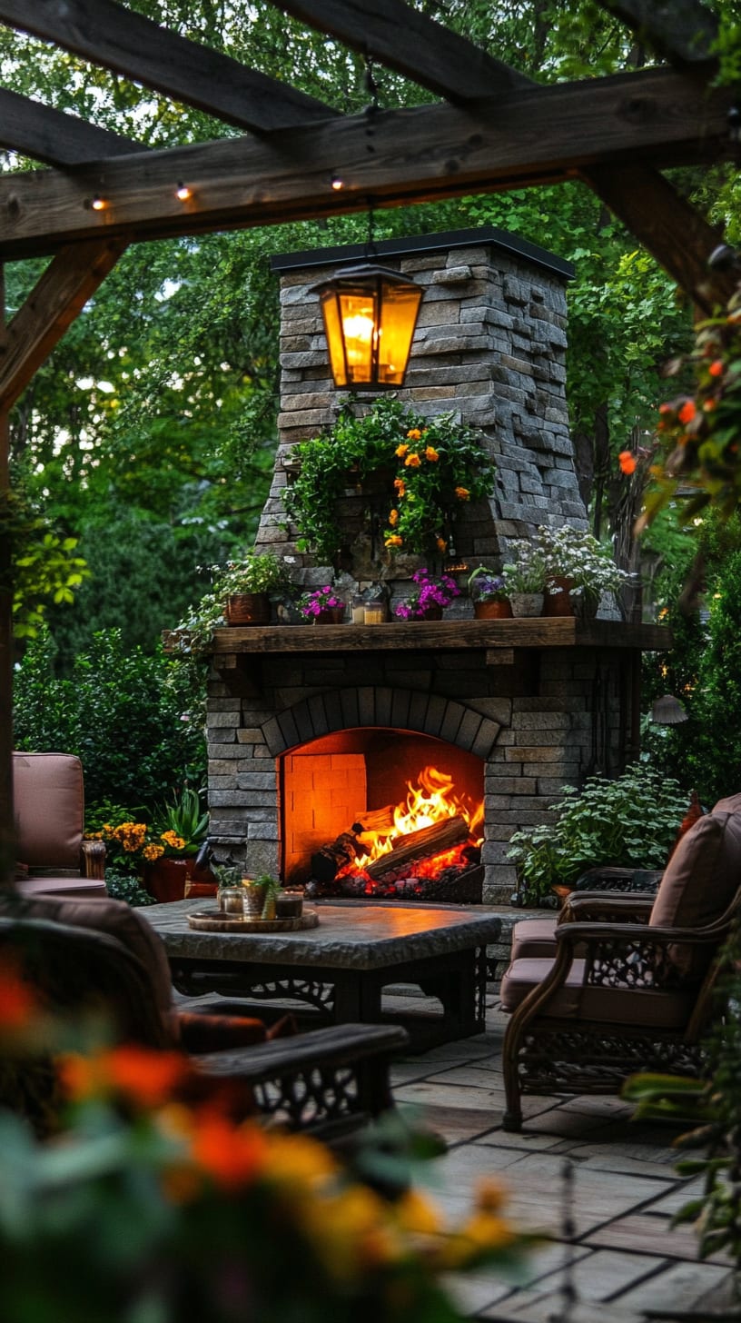 A cozy outdoor fireplace surrounded by lush greenery and colorful flowers, with comfortable seating arranged around it, creating an inviting atmosphere in a garden setting.