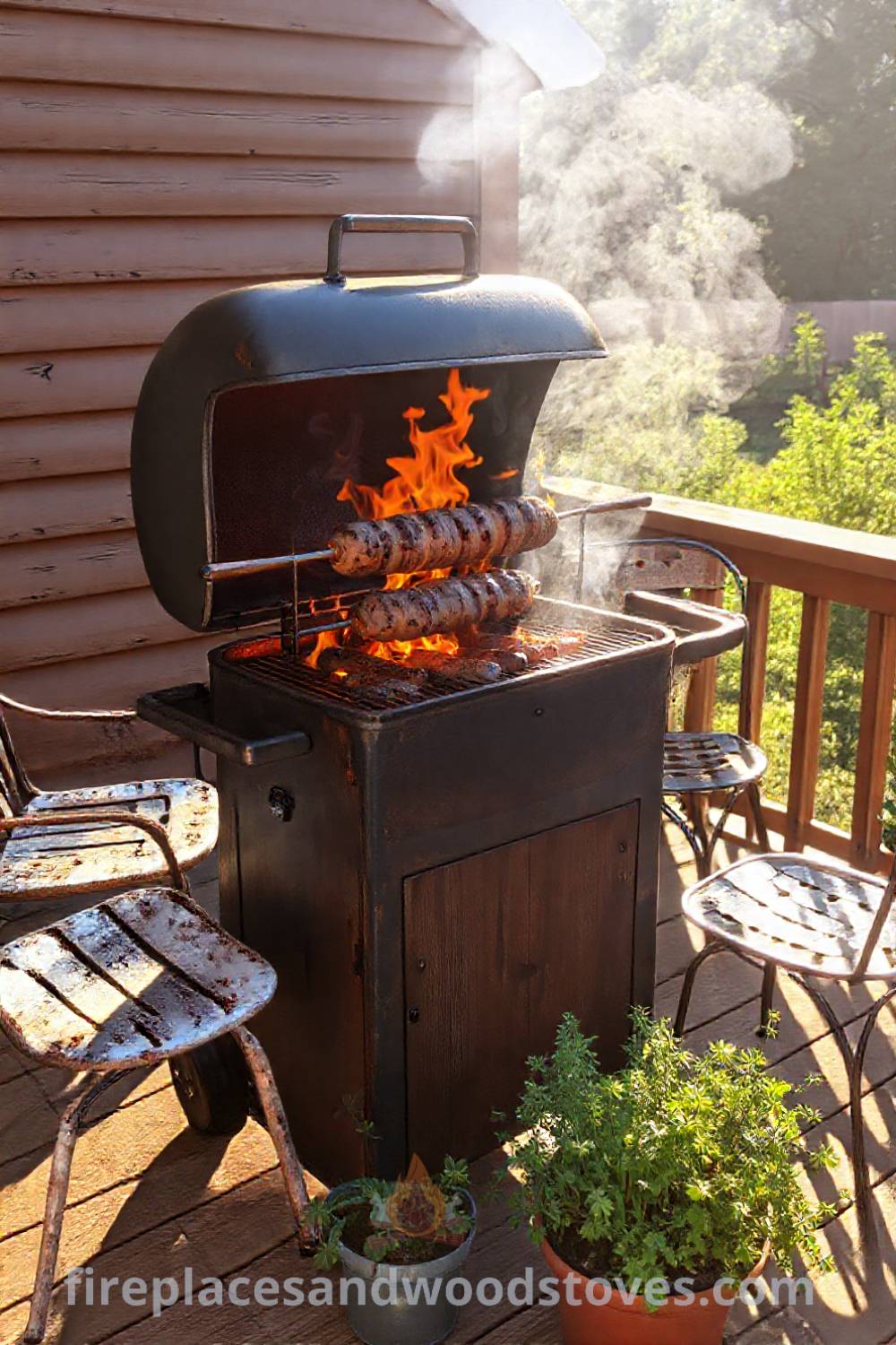 Sturdy barbecue grill on a wooden deck surrounded by mismatched patio chairs and potted herbs, creating a cozy and inviting outdoor gathering space. Visit patioandhomefurniture.com for incredible ideas that will wow your guests and stylish designs transforming your backyard.