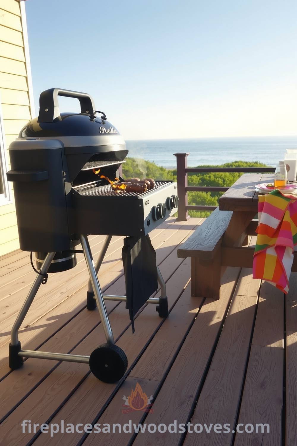 A robust barbecue on a wooden deck with flickering flames, colorful picnic tableware nearby, and the inviting aroma of grilled vegetables, embodying cozy ideas for your home from fireplacesandwoodstoves.com.