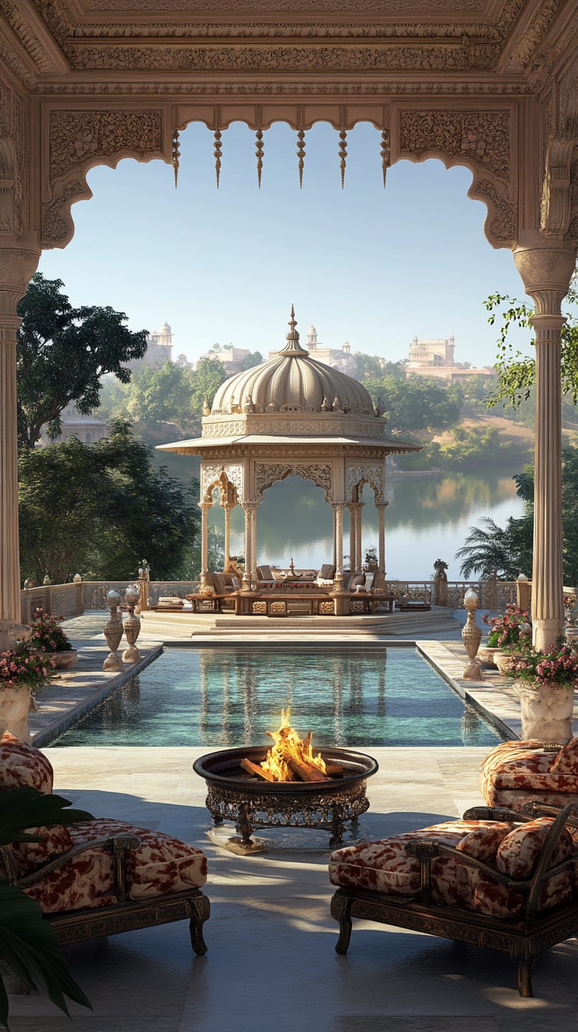 A luxurious Indian villa featuring an outdoor pool, fire pit, and stunning views of the lake and Udaipur