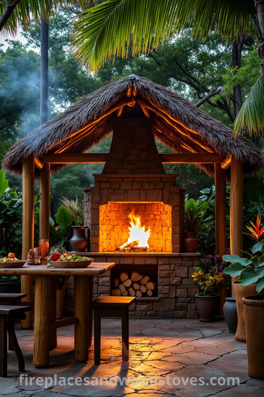 Tropical bamboo barbecue fireplace nestled in a lush garden with palm trees and colorful flowers, showcasing cozy design ideas for outdoor living, perfect for gatherings and inspiring home decor. Visit fireplacesandwoodstoves.com for unique ideas.