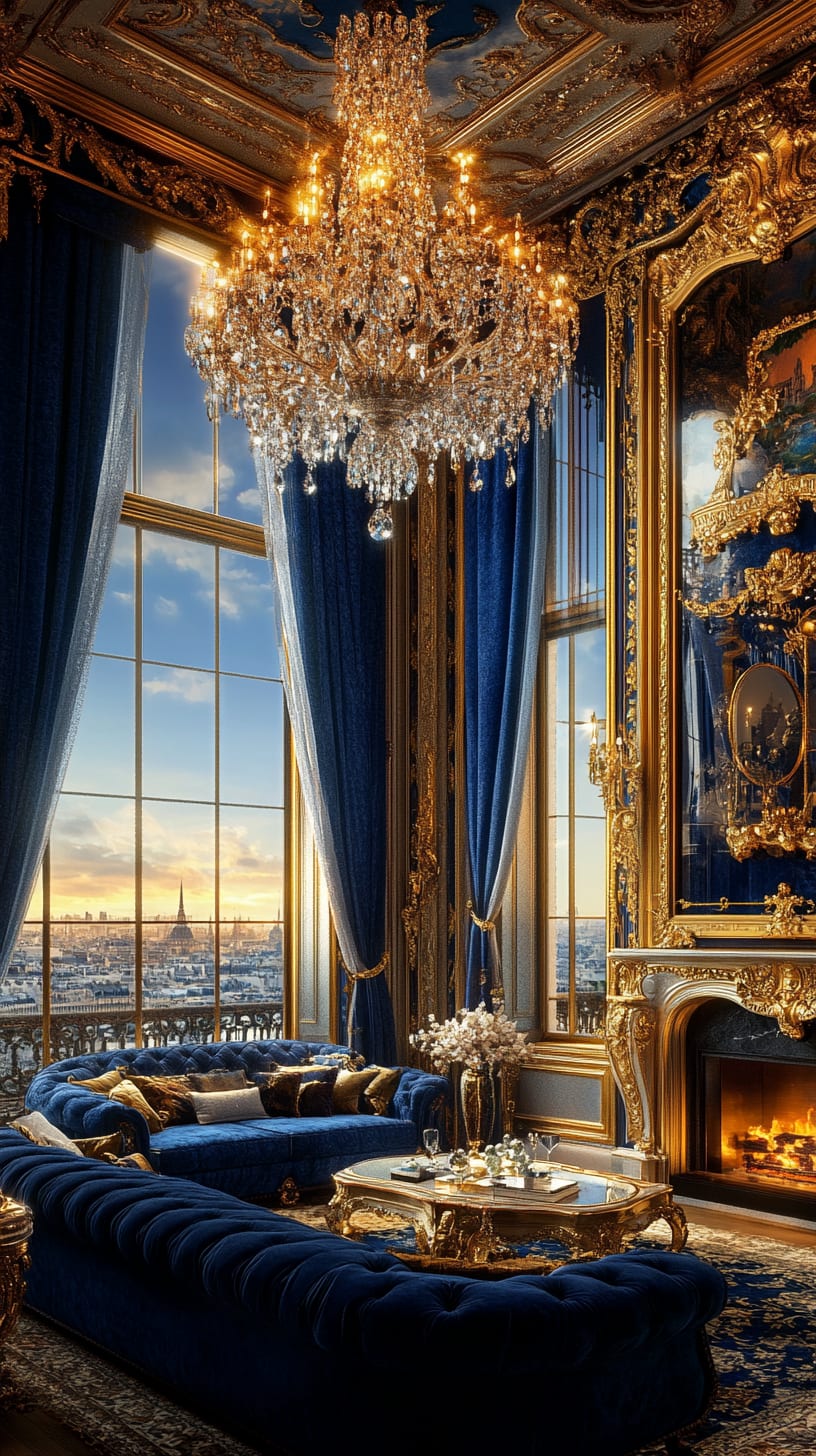 A luxurious Parisian apartment featuring blue velvet sofas, golden chandeliers, and panoramic windows with a sunset view of the city.