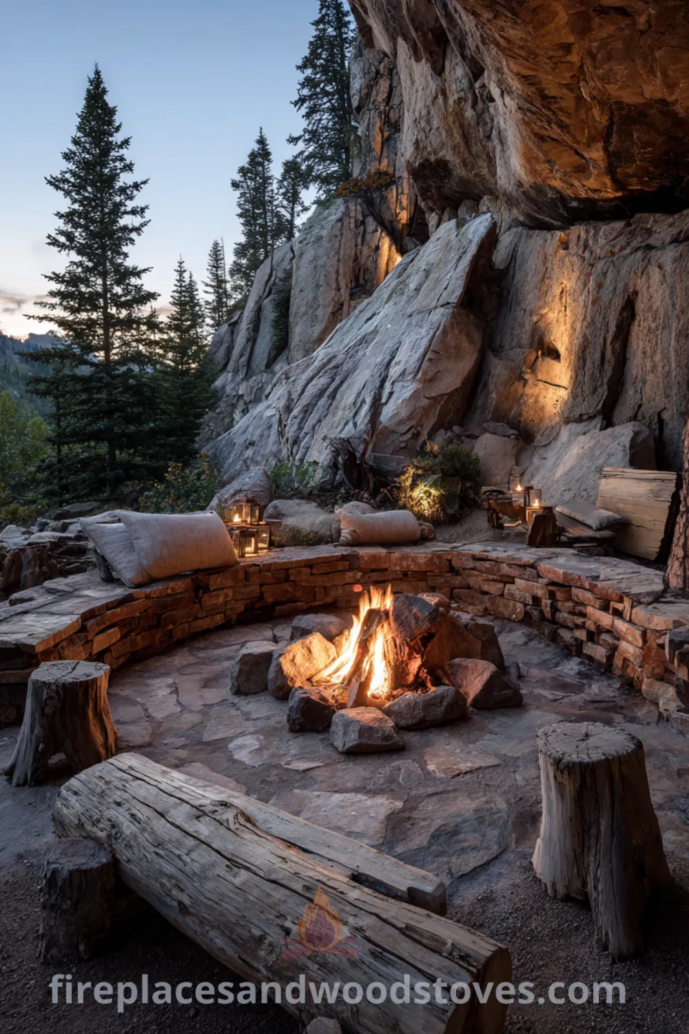 Rustic fire pit surrounded by weathered logs and natural stone, creating a cozy outdoor space with a starry night backdrop.