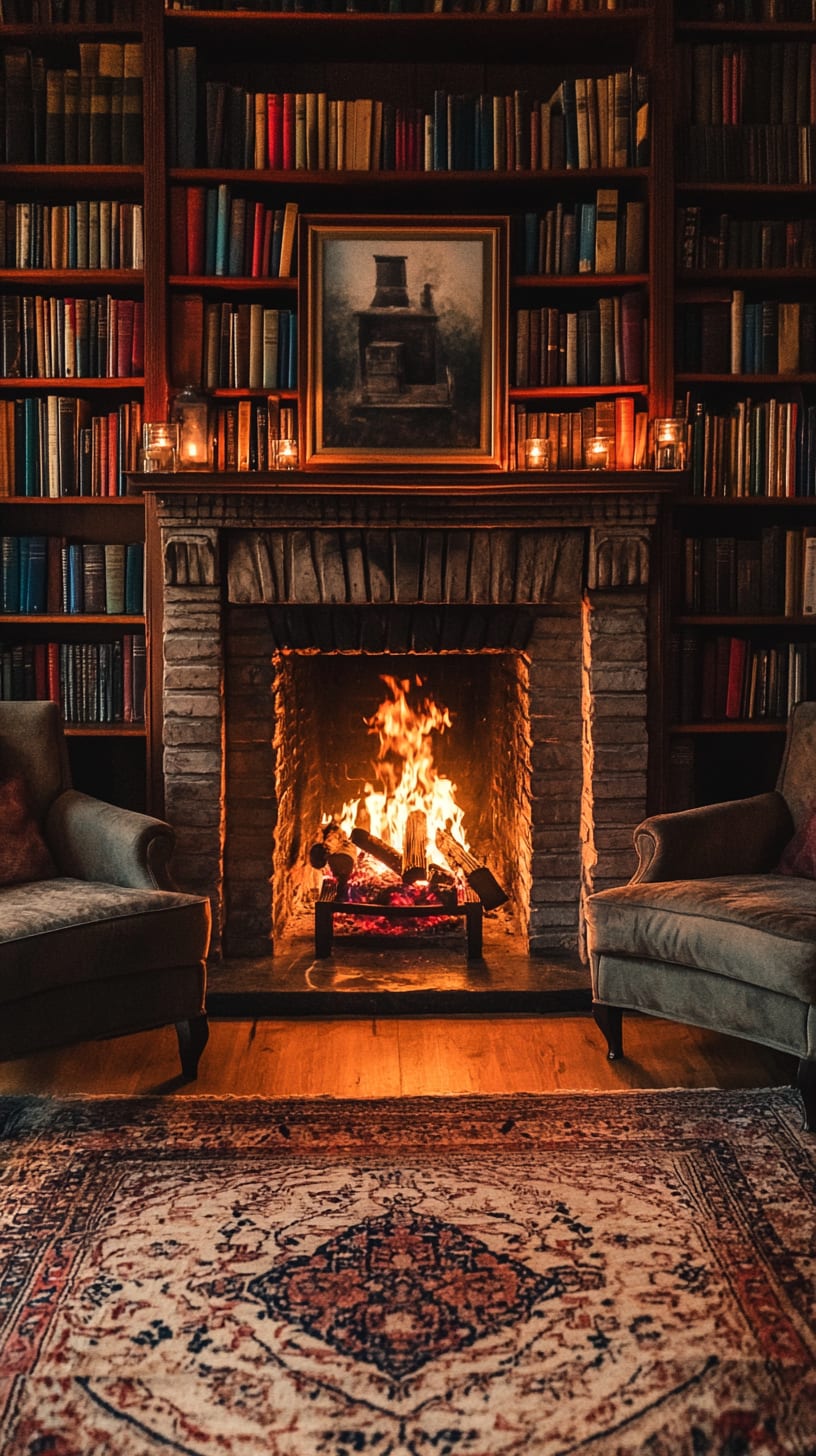 A cozy library featuring a crackling fireplace, shelves of vintage books, and comfortable armchairs surrounded by soft candlelight.