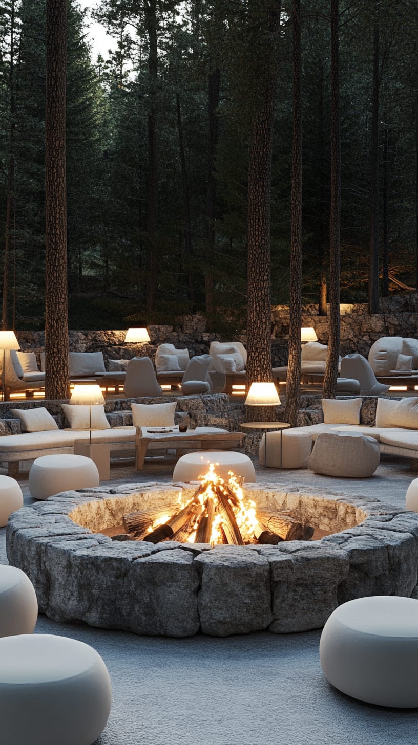 An outdoor seating area with white chairs and soft cushions arranged around an oversized stone fire pit in a forest, illuminated by warm lanterns under a starry night sky.