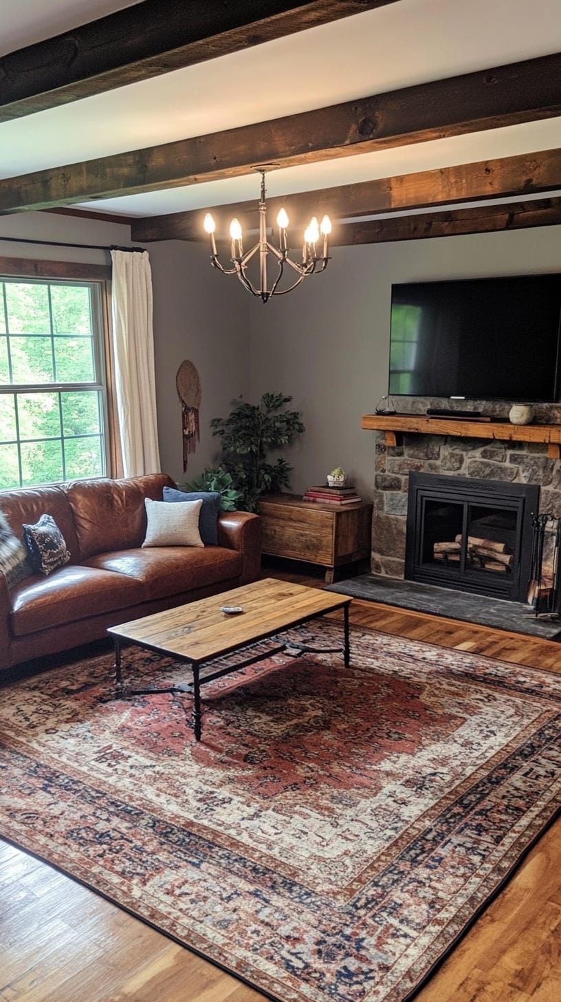 A cozy living room with dark wood beams, leather couches, a stone fireplace, and a colorful Persian rug, exuding warmth and traditional charm.