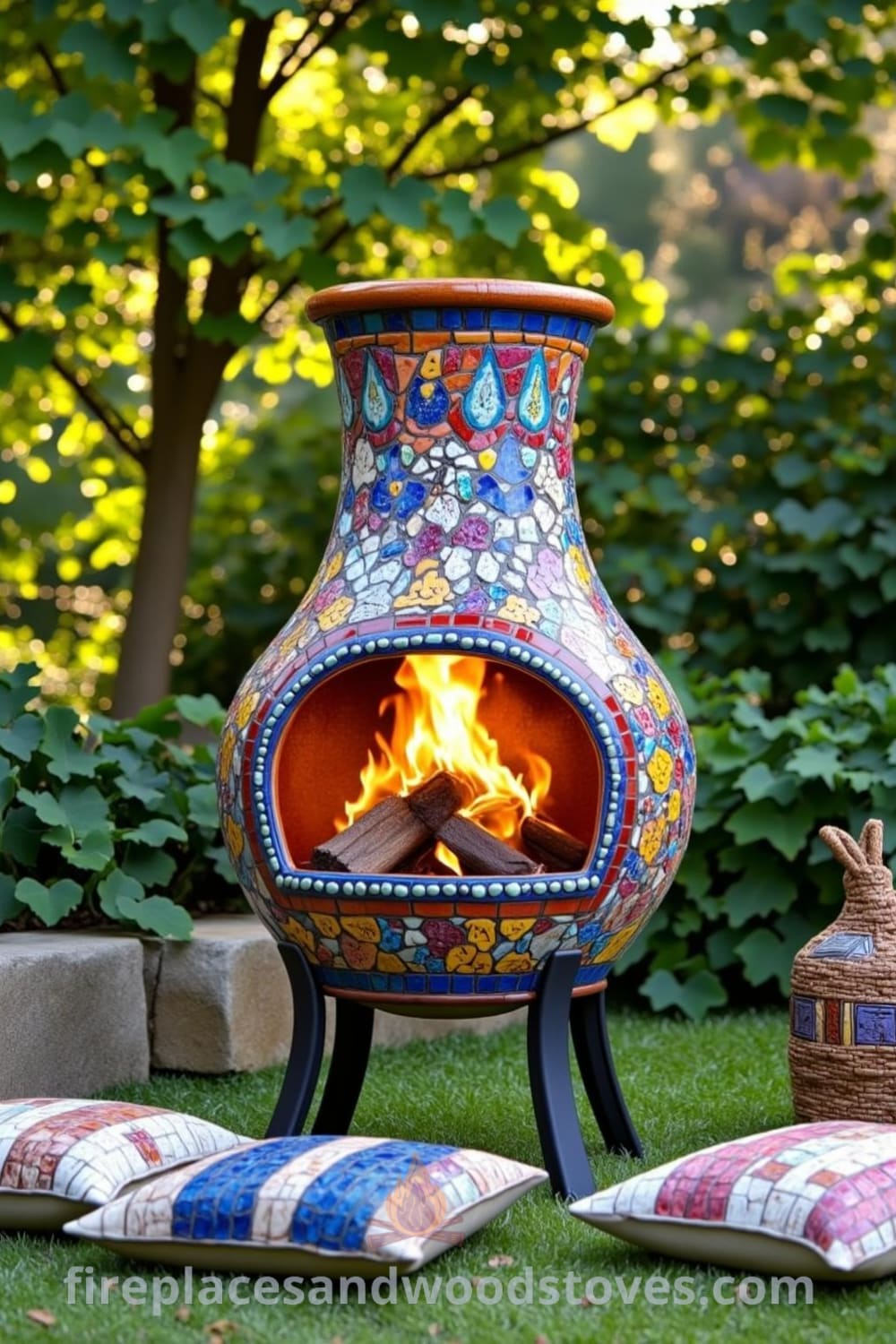Bohemian Mosaic Firepit in a lush garden, with colorful tiles reflecting sunlight and flickering flames illuminating surrounding plants. Mismatched outdoor cushions are scattered on grass, creating a cozy retreat perfect for gatherings. Discover cozy ideas for home design inspirations at fireplacesandwoodstoves.com.