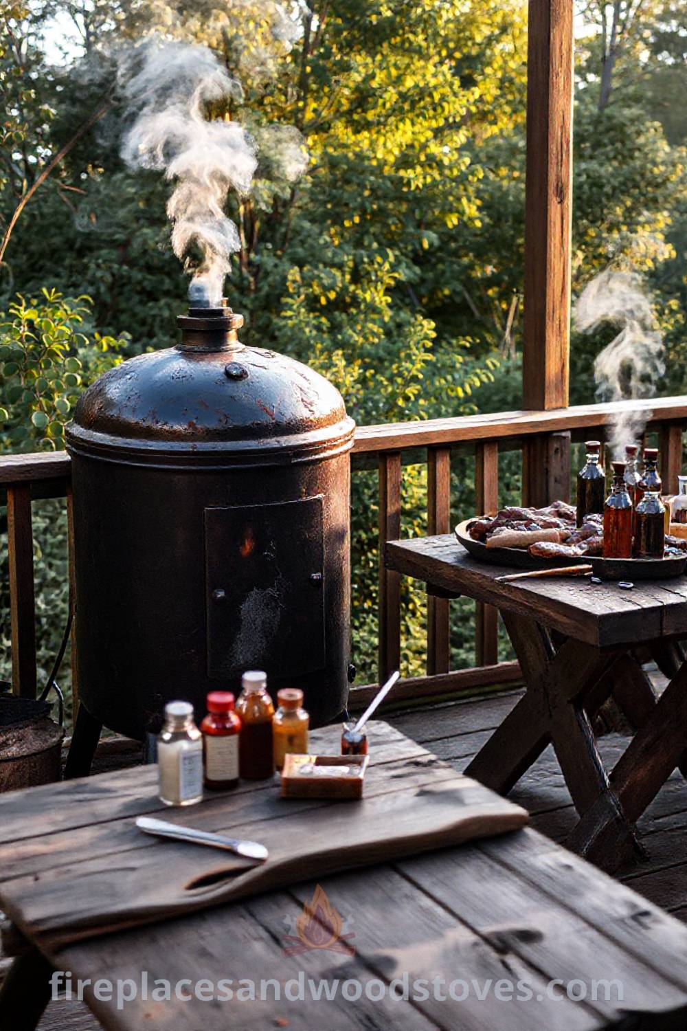 Sturdy barbecue smoker on a wooden deck surrounded by lush greenery, with a rustic wooden table set for a feast, creating a cozy and inviting outdoor atmosphere for gatherings. Visit patioandhomefurniture.com for incredible ideas that will wow your guests.