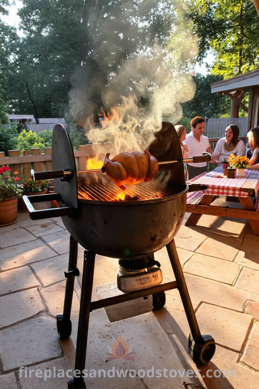 Backyard barbecue scene featuring a rotisserie with a golden-brown chicken, picnic tables with checkered cloths, and potted plants, creating a warm and inviting atmosphere for summer gatherings. Visit patioandhomefurniture.com for incredible ideas that will wow your guests.