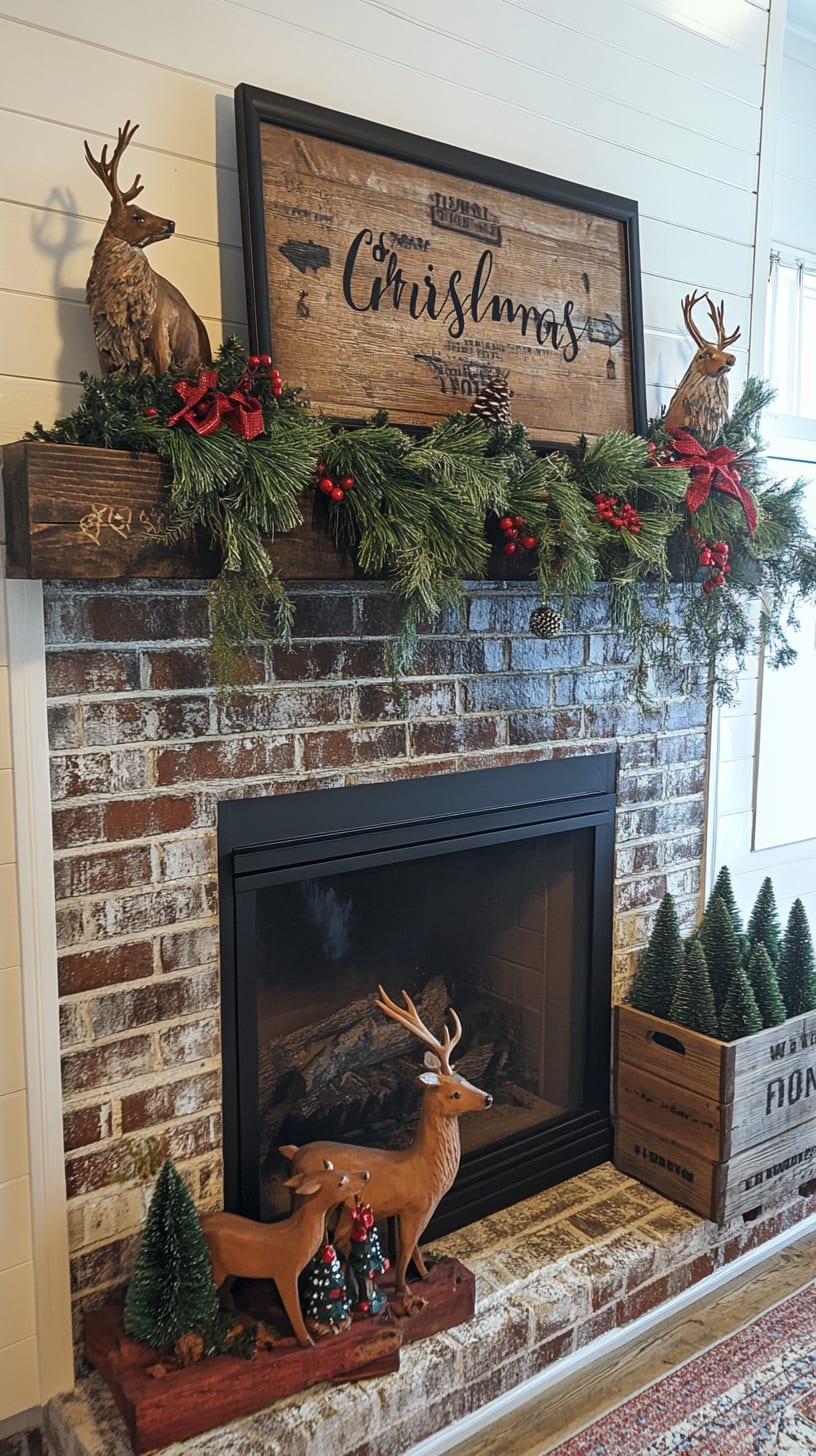 A cozy Christmas-themed fireplace decorated with greenery, deer figurines, and rustic wooden boxes filled with small pine trees, set against a charming backdrop.