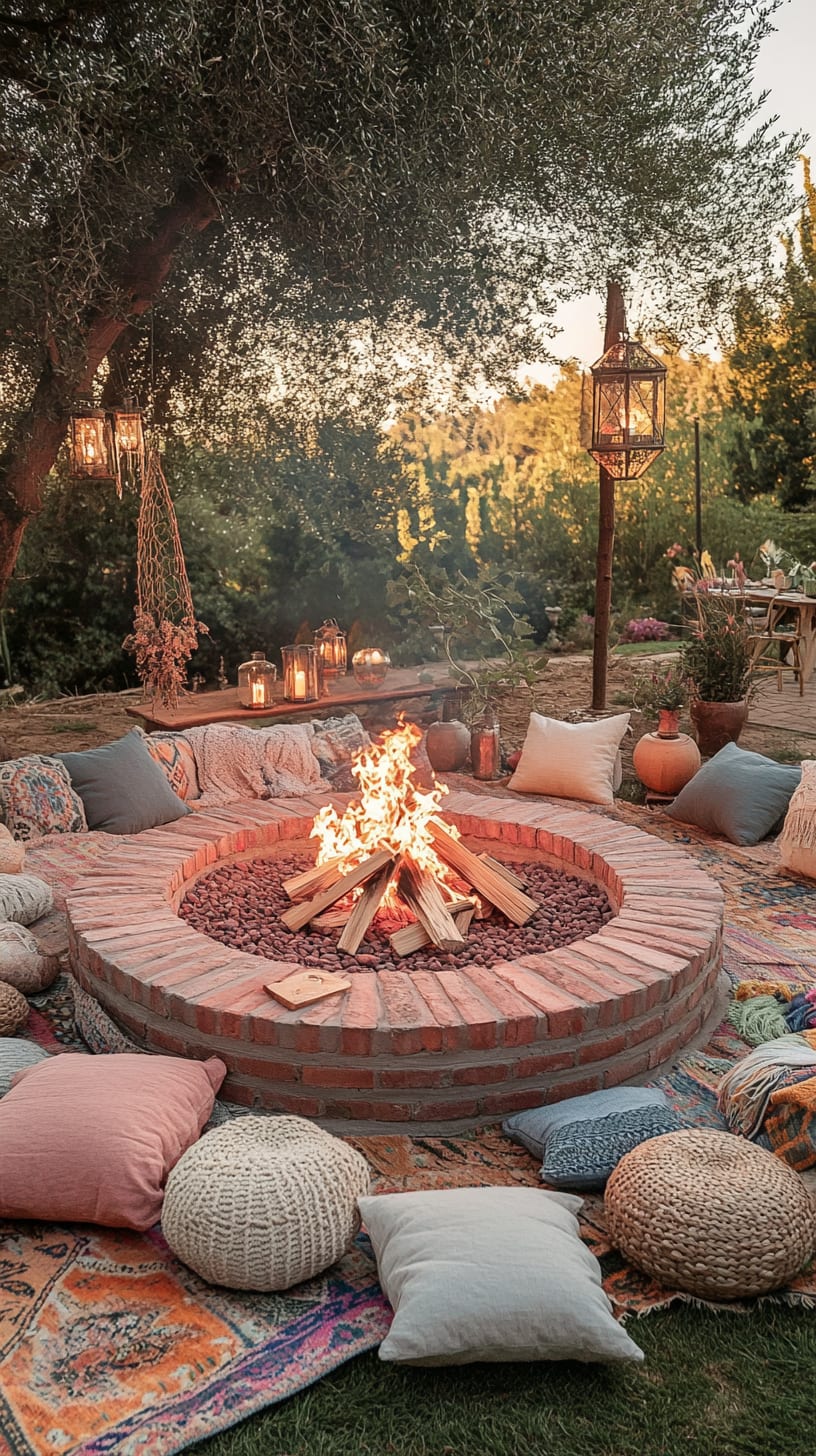 A cozy bohemian outdoor fire pit surrounded by cushions and lanterns, set under olive trees with a rustic table ready for gatherings.