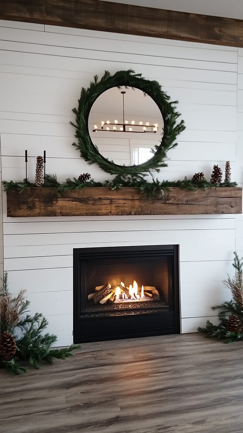 A cozy winter fireplace scene featuring a white shiplap wall, rustic wood beams, a green wreath, and decorative greenery surrounding the hearth.