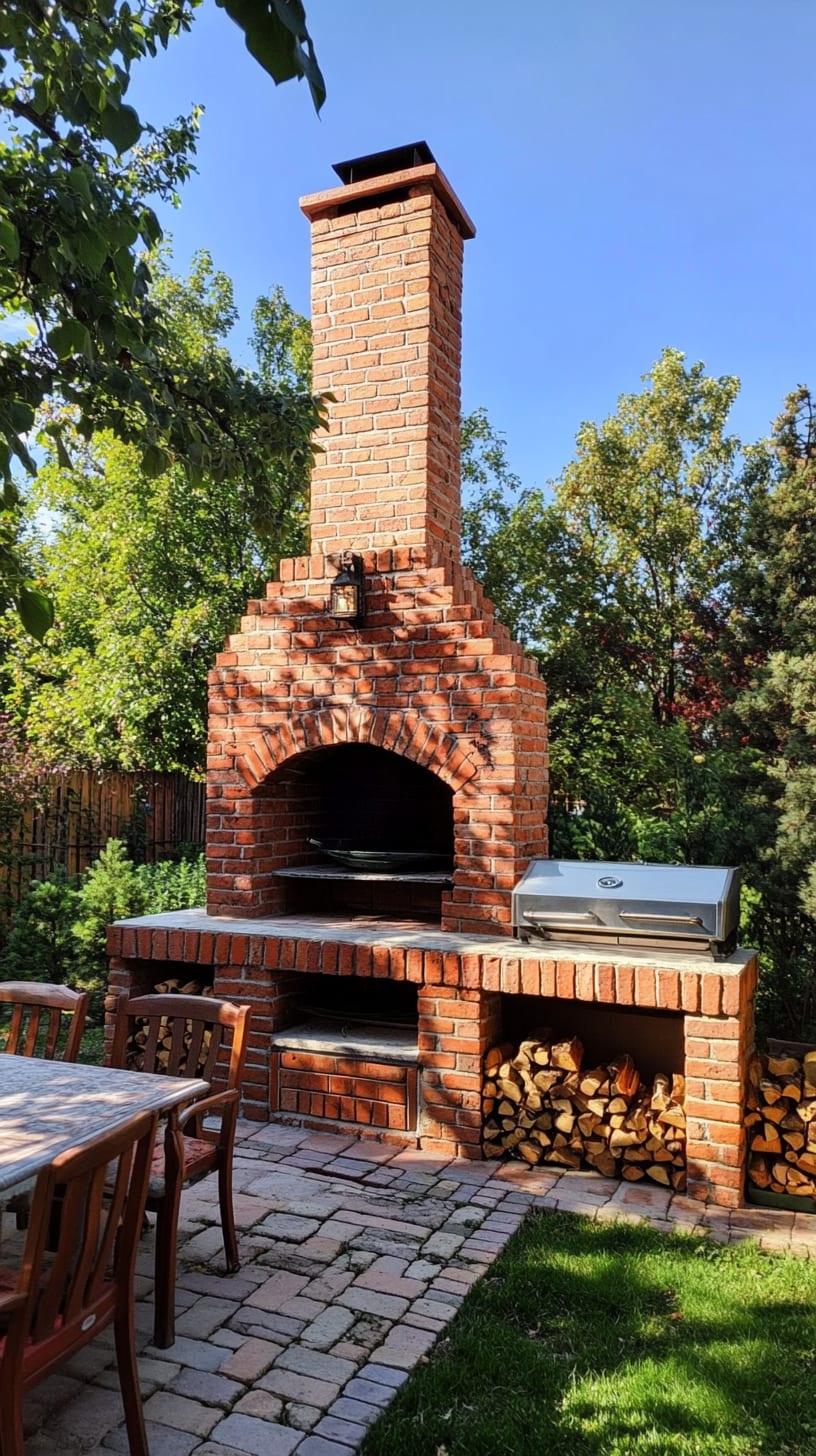 A charming outdoor setting featuring a rustic brick pizza oven, grill, and dining table surrounded by greenery, under a bright blue sky on a sunny day.