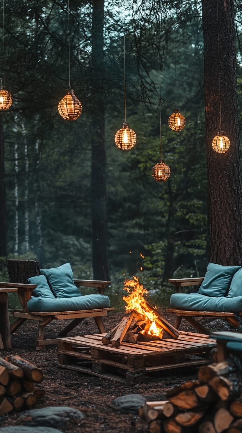 A cozy outdoor seating area featuring wooden armchairs and blue cushions around a fire pit, set in a forest with tall trees and decorative lanterns.